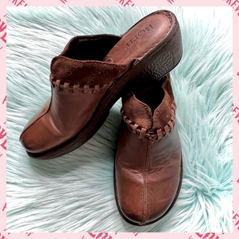 Born Brown LEATHER Clogs Womens Slip On Artisan Comfort Mules - Picture 16 of 16